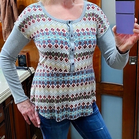 Sundance Tops - Sundance Colorful Print Long Sleeve Scoop Neck Henley Top Size M